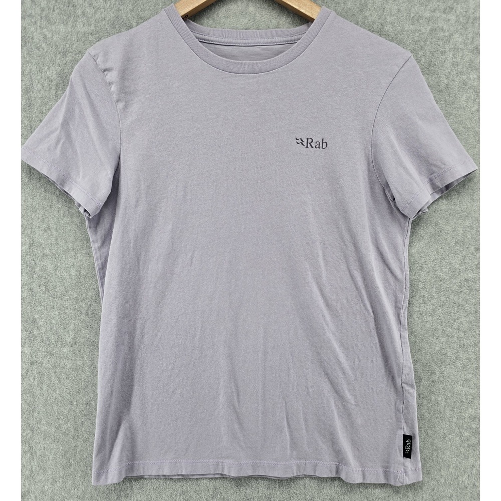 Rab Stance Cinder T-Shirt Women's‎ S Lavender Organic Climb Hike Logo Gorpcore
